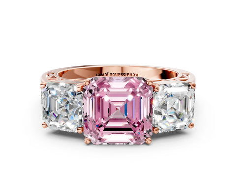 Rose gold Fancy Pink Asscher Cut Diamond Three-Stone Ring with Prong Setting and Textured Band