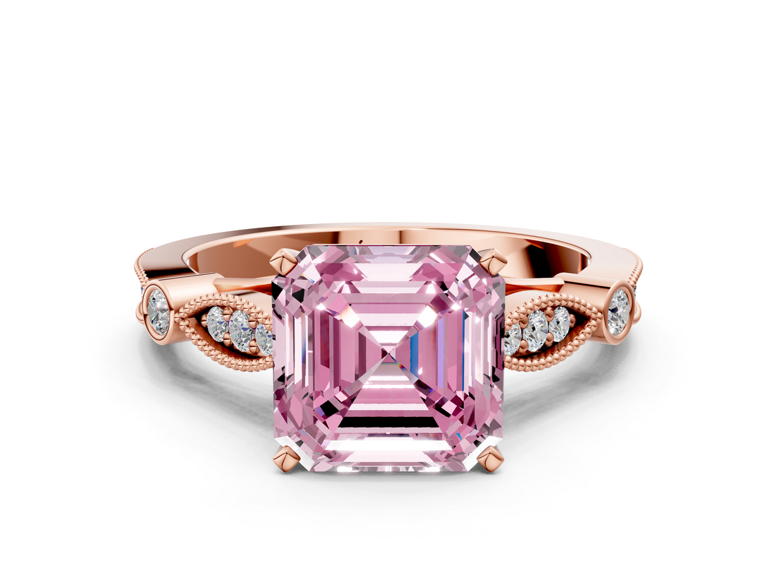 Rose gold Fancy Pink Asscher  Cut Diamond with Milgrain Marquise and Bezel Accents on a Solitaire Band with Prong Setting_17