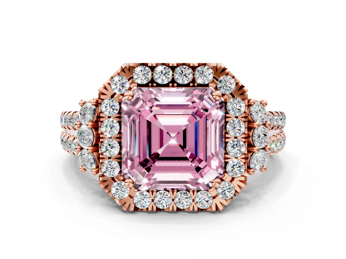 Rose gold Fancy Pink Asscher  Cut Double Halo Diamond Engagement Ring with Pave Band and Four-Prong Setting