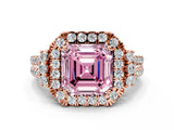 Rose gold Fancy Pink Asscher  Cut Double Halo Diamond Engagement Ring with Pave Band and Four-Prong Setting