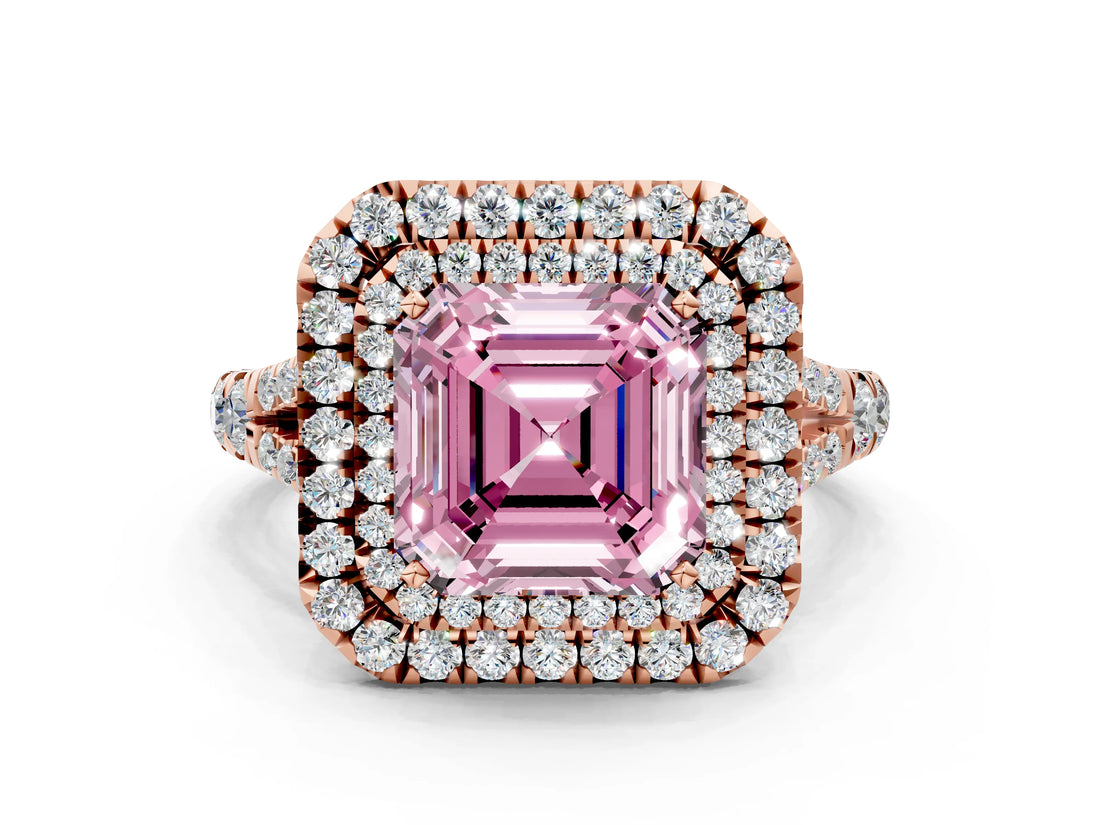 Rose gold Fancy Pink Asscher  Cut Double Halo Split Shank Diamond Ring with Prong Setting_46