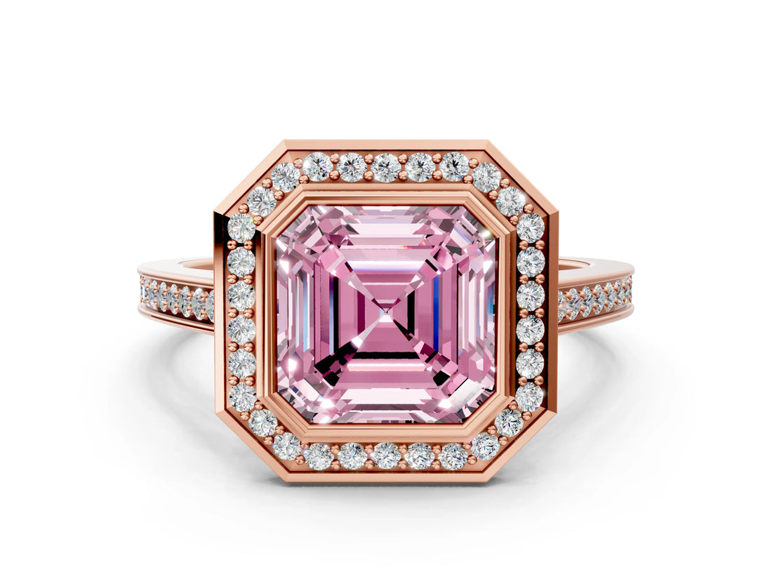 Rose gold Fancy Pink Asscher Cut Halo Bezel Diamond Pave Band Ring