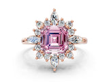 Rose gold Fancy Pink Asscher Cut Halo Diamond Cluster Ring with Marquise and Round Stones on a White Gold Band with Prong Setting