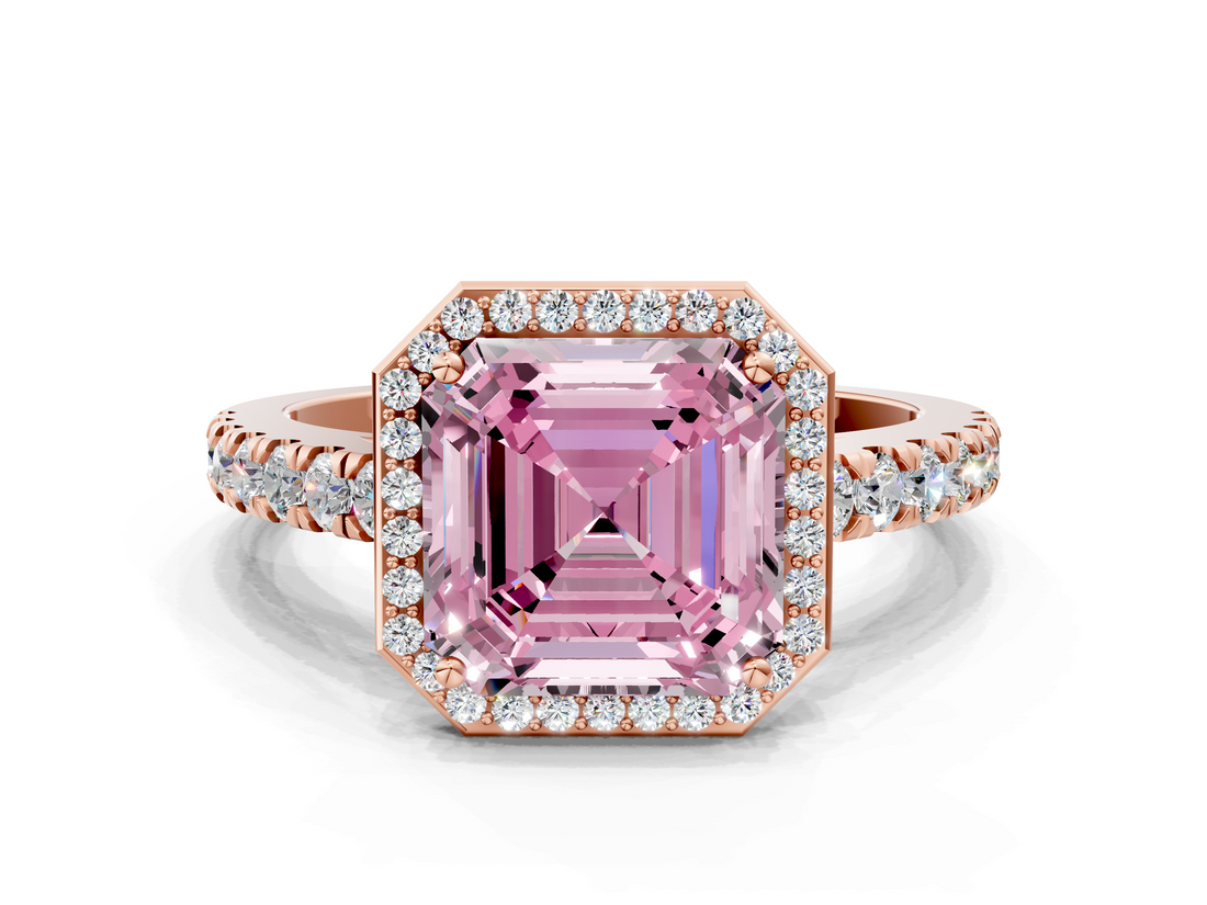Rose gold Fancy Pink Asscher  Cut Halo Diamond Engagement Ring with Pave Band and Four-Prong Setting_16