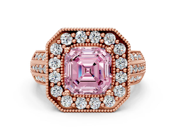Rose gold Fancy Pink Asscher Cut Halo Diamond Engagement Ring with Pave Split Shank and Four-Prong Setting