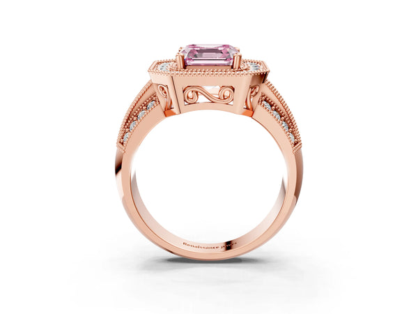 Rose gold Fancy Pink Asscher Cut Halo Diamond Engagement Ring with Pave Split Shank and Four-Prong Setting