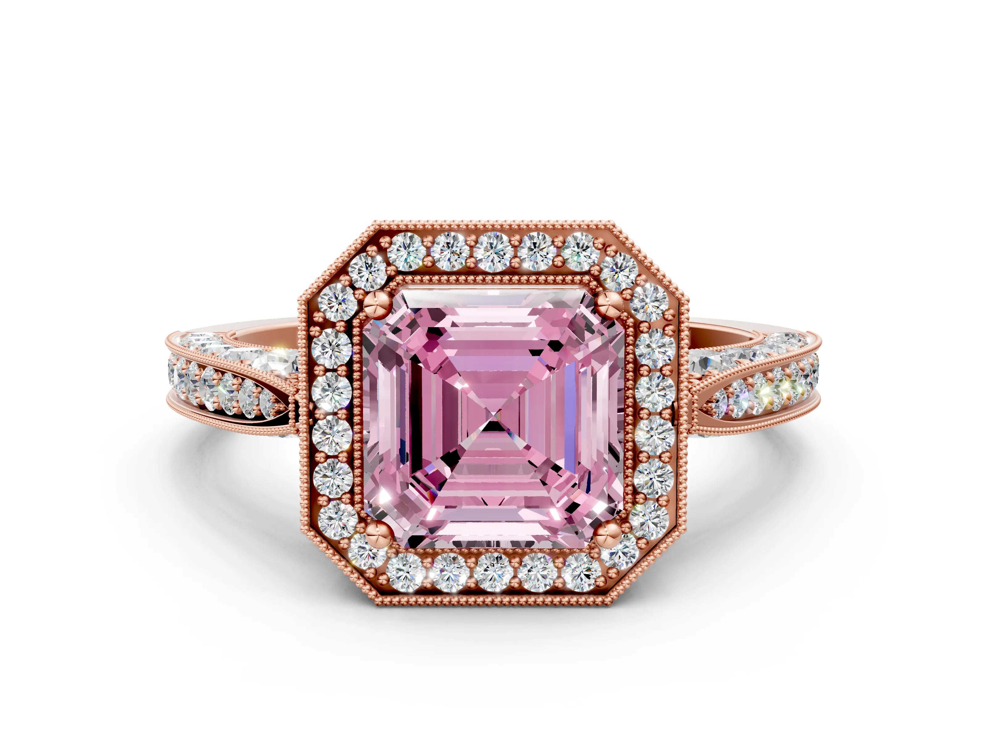 Rose gold Fancy Pink Asscher Cut Halo Diamond Engagement Ring with Split Shank Band and Four-Prong Setting
