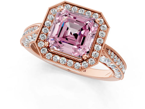 Rose gold Fancy Pink Asscher Cut Halo Diamond Engagement Ring with Split Shank Band and Four-Prong Setting_1