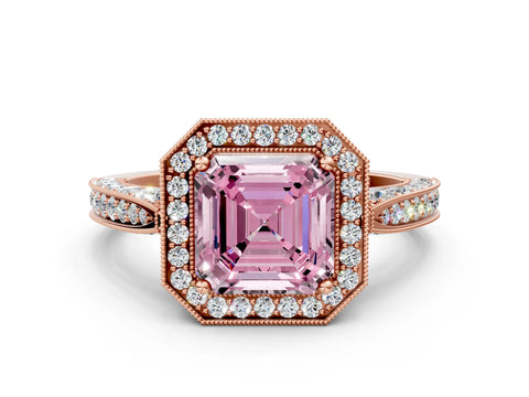 Rose gold Fancy Pink Asscher Cut Halo Diamond Engagement Ring with Split Shank Band and Four-Prong Setting