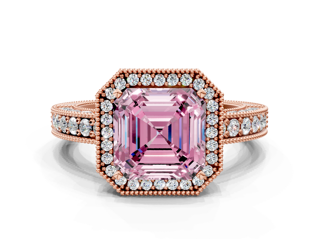 Rose gold Fancy Pink Asscher  Cut Halo Diamond Pave Band Ring with Four-Prong Setting