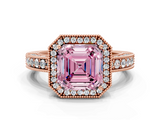 Rose gold Fancy Pink Asscher  Cut Halo Diamond Pave Band Ring with Four-Prong Setting