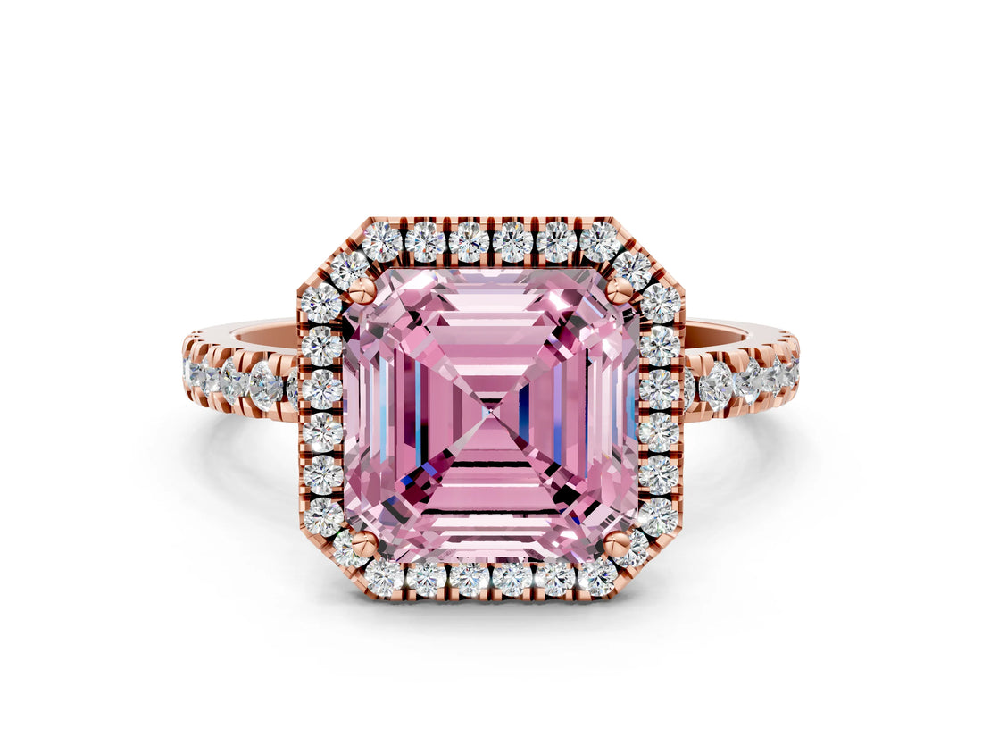 Rose gold Fancy Pink Asscher Cut Halo Diamond Pave Band with Prong Setting
