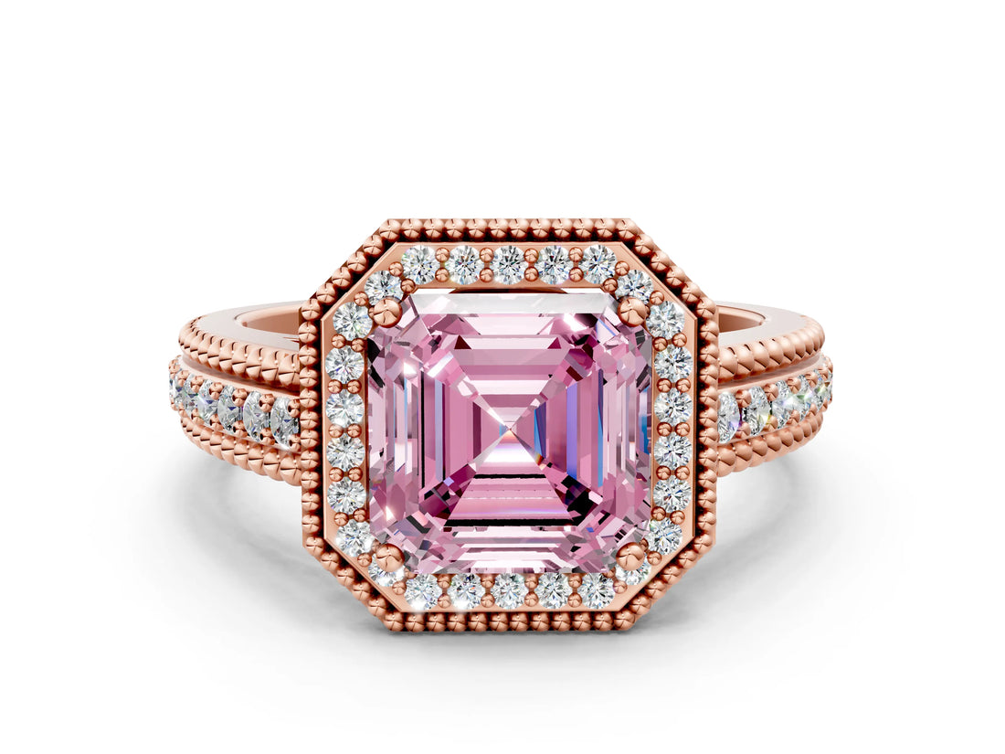 Rose gold Fancy Pink Asscher Cut Halo Diamond Ring with Beaded Split Shank and Four-Prong Setting
