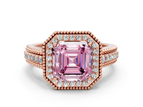 Rose Gold Asscher Cut Beaded Halo Engagement Ring Setting for Fancy Pink Center with Pave