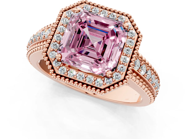 Rose Gold Asscher Cut Beaded Halo Engagement Ring Setting for Fancy Pink Center with Pave