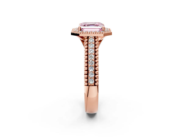 Rose Gold Asscher Cut Beaded Halo Engagement Ring Setting for Fancy Pink Center with Pave