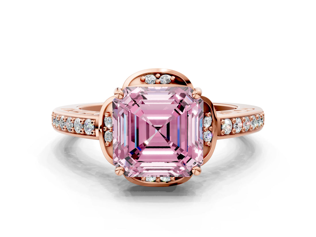 Rose gold Fancy Pink Asscher  Cut Halo Diamond Ring with Channel Set Band and Four-Prong Setting_45