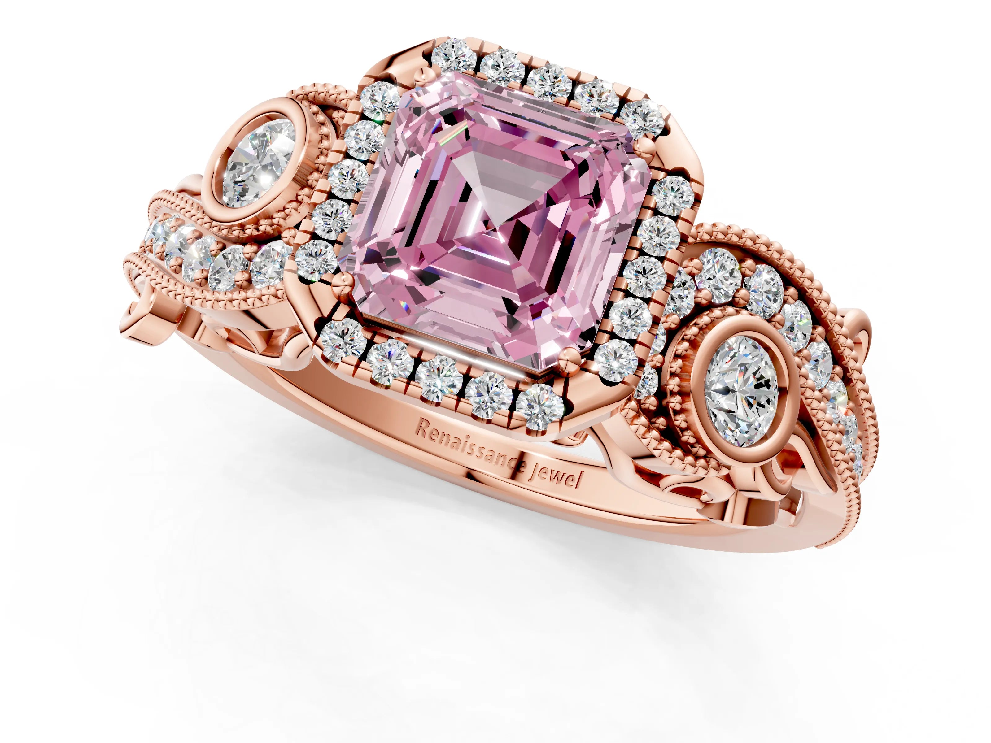 Rose gold Fancy Pink Asscher Cut Halo Diamond Ring with Milgrain and Bezel Accents on a Split Shank Band_1