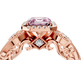 Rose gold Fancy Pink Asscher Cut Halo Diamond Ring with Milgrain and Bezel Accents on a Split Shank Band_16