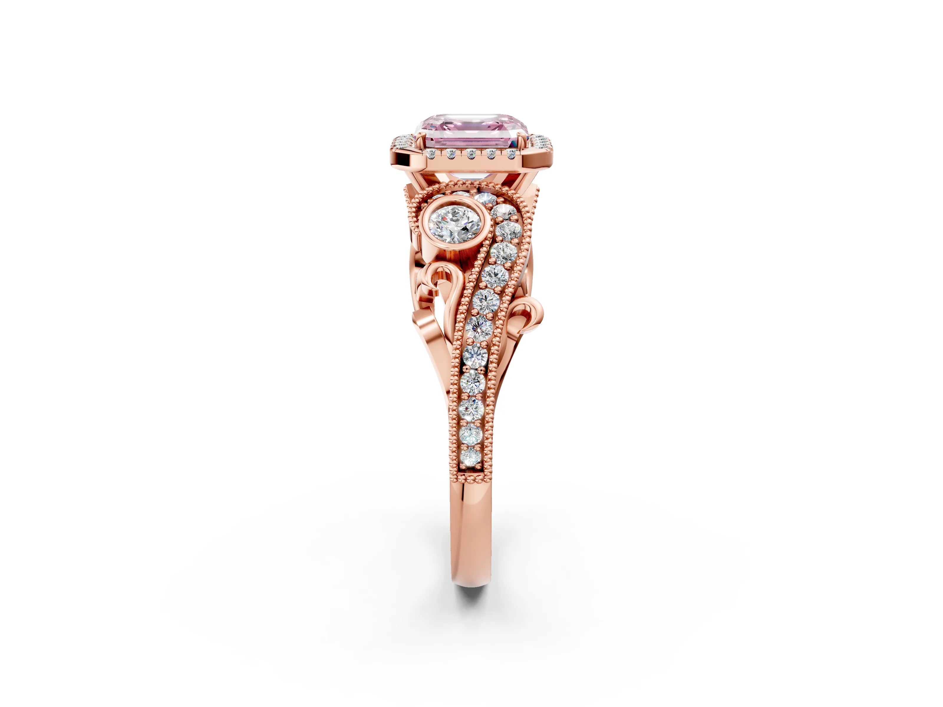 Rose gold Fancy Pink Asscher Cut Halo Diamond Ring with Milgrain and Bezel Accents on a Split Shank Band_2