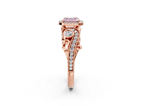 Rose gold Fancy Pink Asscher Cut Halo Diamond Ring with Milgrain and Bezel Accents on a Split Shank Band_2