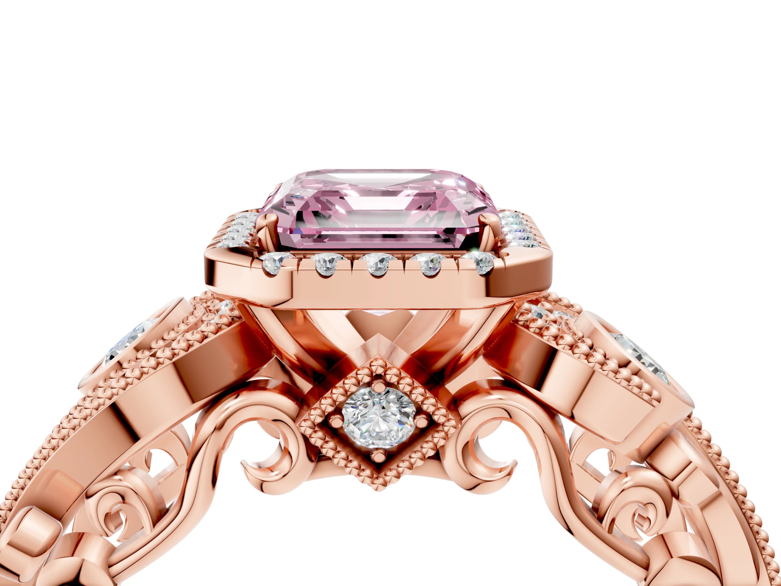 Rose gold Fancy Pink Asscher Cut Halo Diamond Ring with Milgrain and Bezel Accents on a Split Shank Band_4
