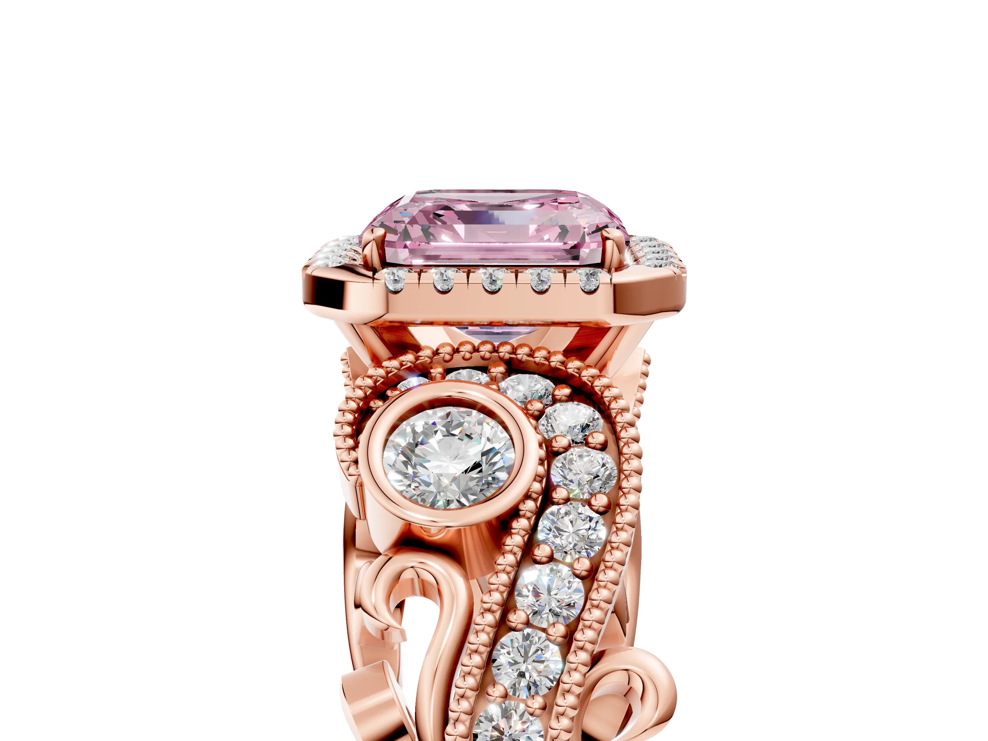 Rose gold Fancy Pink Asscher Cut Halo Diamond Ring with Milgrain and Bezel Accents on a Split Shank Band_5