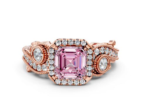Rose gold Fancy Pink Asscher Cut Halo Diamond Ring with Milgrain and Bezel Accents on a Split Shank Band