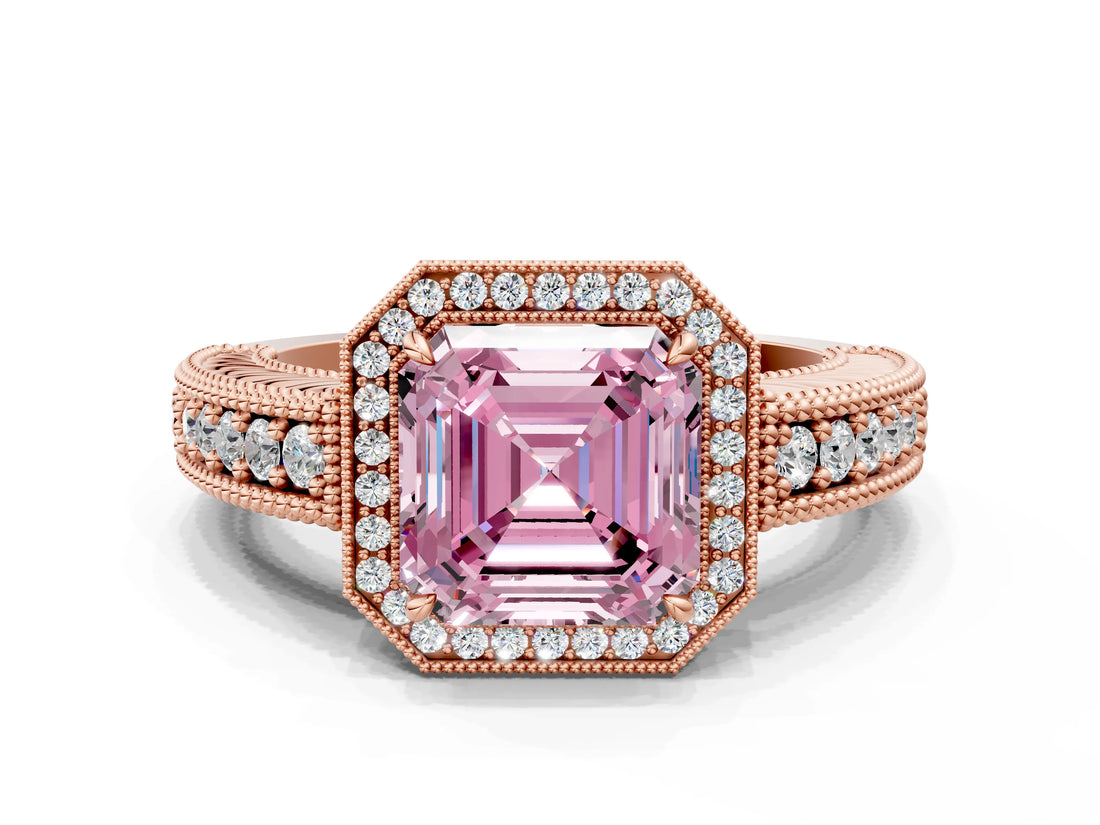 Rose gold Fancy Pink Asscher  Cut Halo Diamond Ring with Pavé Band and Four-Prong Setting_29