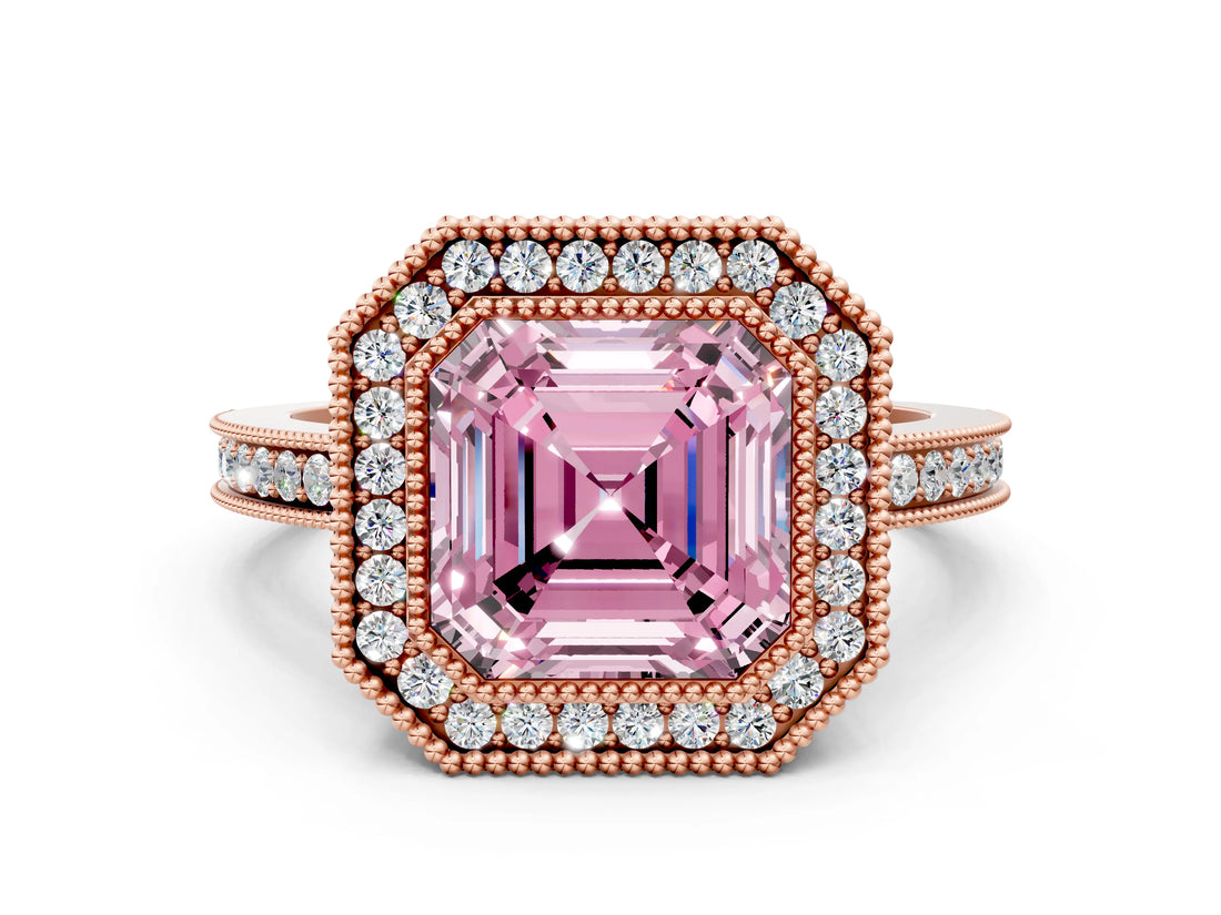 Rose gold Fancy Pink Asscher  Cut Halo Diamond Ring with Pavé Band and Milgrain Prong Setting_54