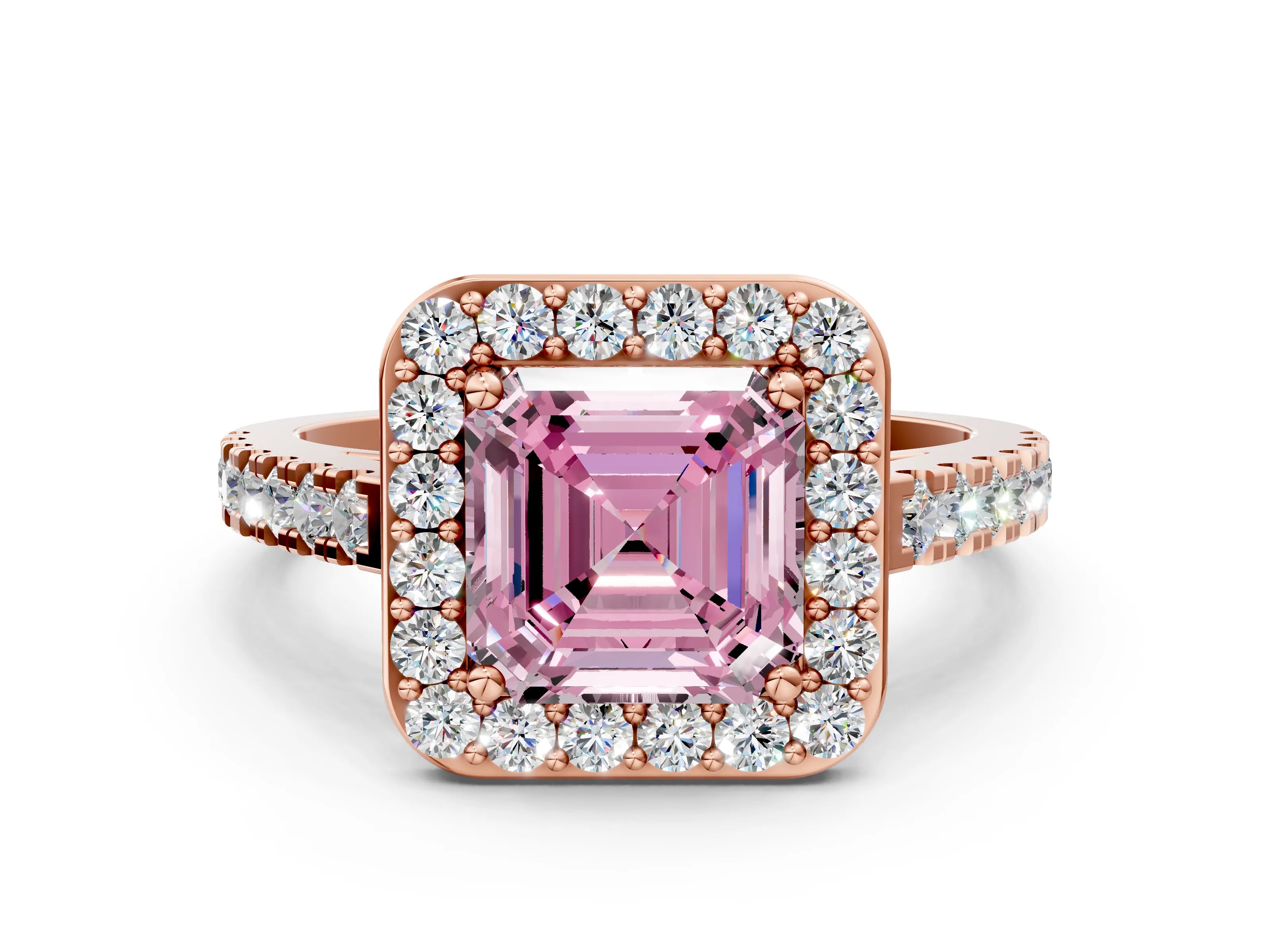 Rose gold Fancy Pink Asscher Cut Halo Diamond Ring with Pavé Band and Three-Prong Setting