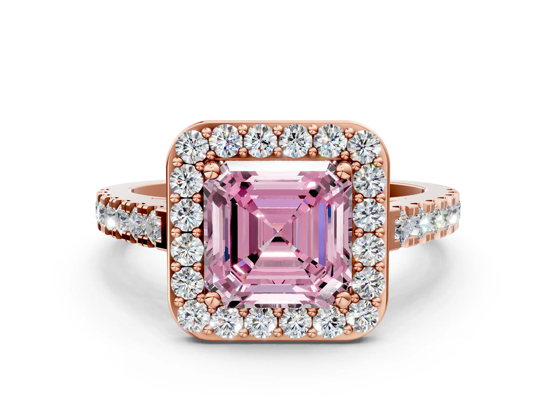 Rose gold Fancy Pink Asscher Cut Halo Diamond Ring with Pavé Band and Three-Prong Setting