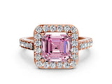 Rose gold Fancy Pink Asscher Cut Halo Diamond Ring with Pavé Band and Three-Prong Setting