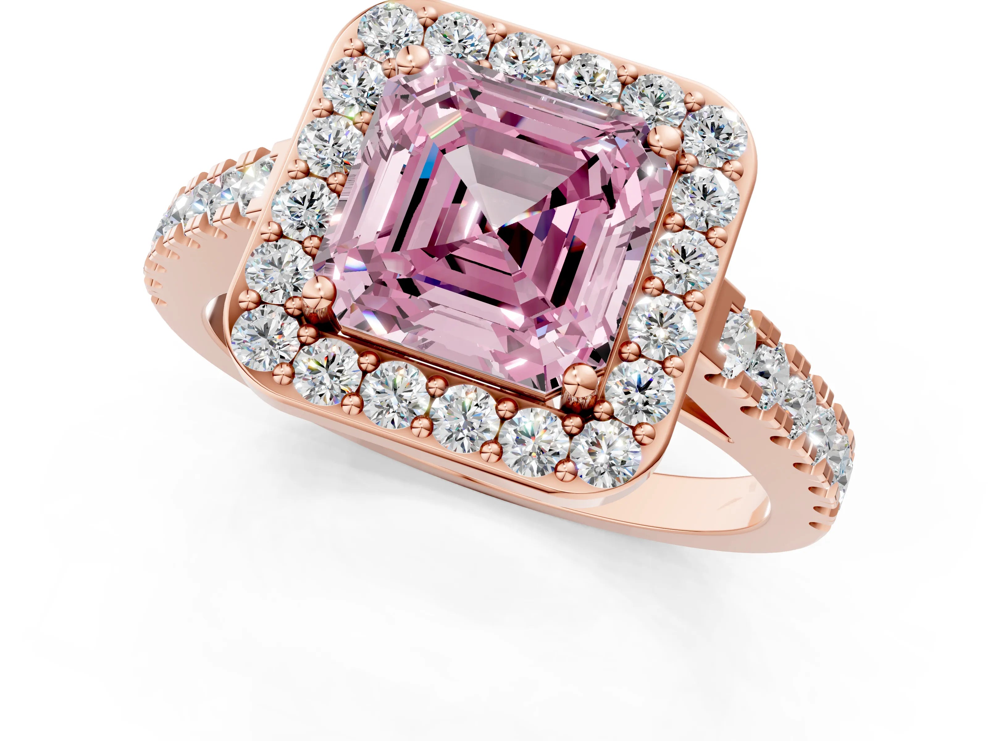 Rose gold Fancy Pink Asscher Cut Halo Diamond Ring with Pavé Band and Three-Prong Setting_1