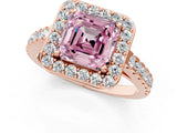 Rose gold Fancy Pink Asscher Cut Halo Diamond Ring with Pavé Band and Three-Prong Setting_1