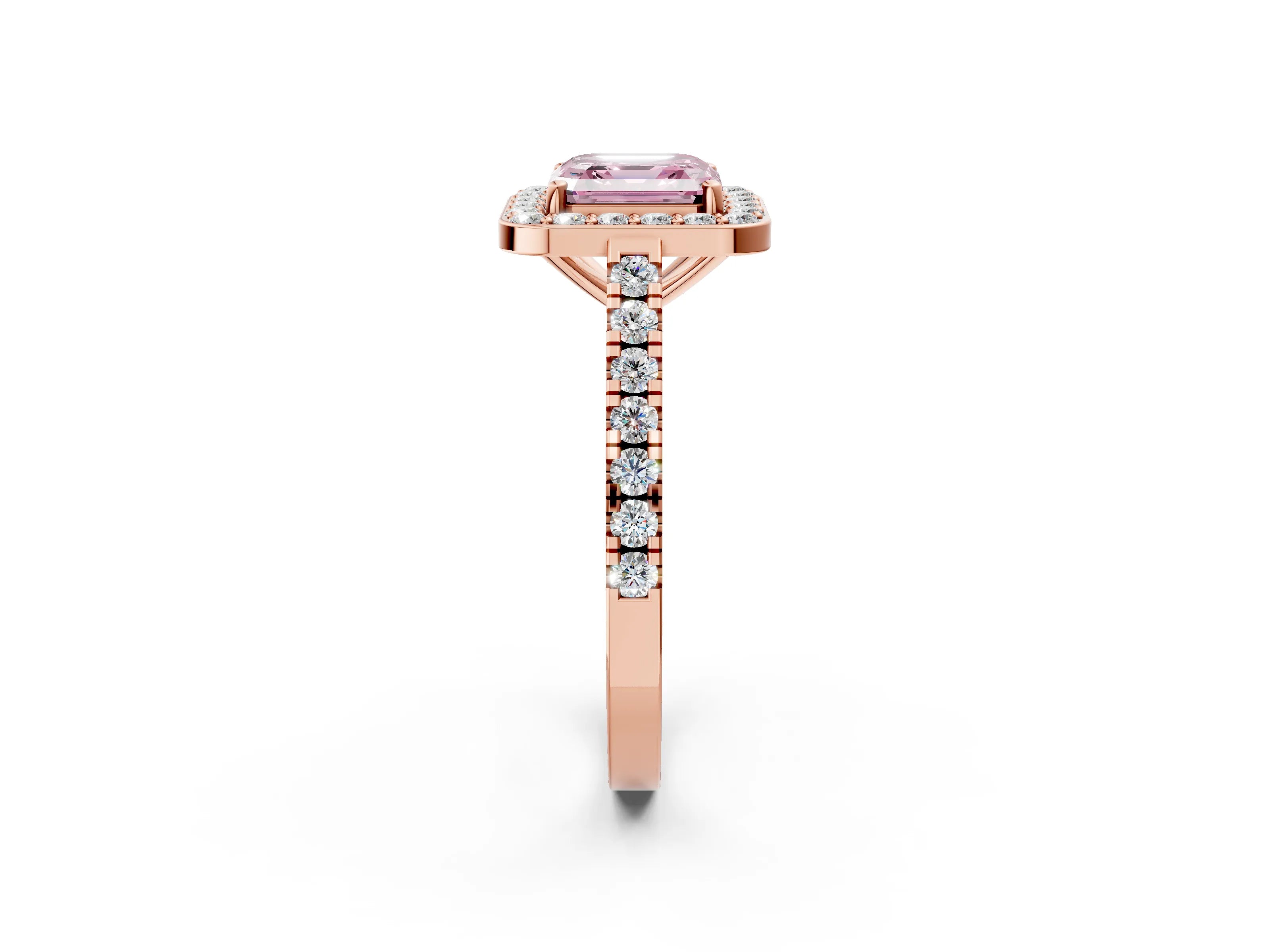 Rose gold Fancy Pink Asscher Cut Halo Diamond Ring with Pavé Band and Three-Prong Setting_2
