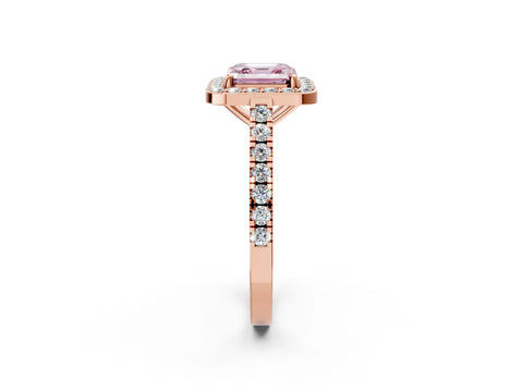Rose gold Fancy Pink Asscher Cut Halo Diamond Ring with Pavé Band and Three-Prong Setting_2