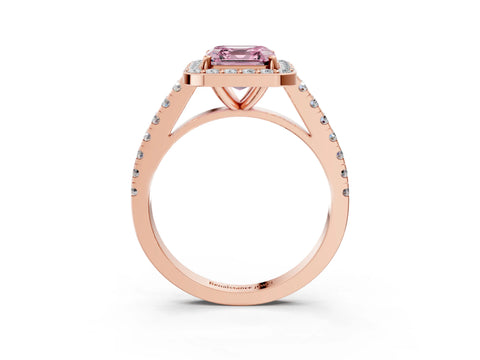 Rose gold Fancy Pink Asscher Cut Halo Diamond Ring with Pavé Band and Three-Prong Setting_3