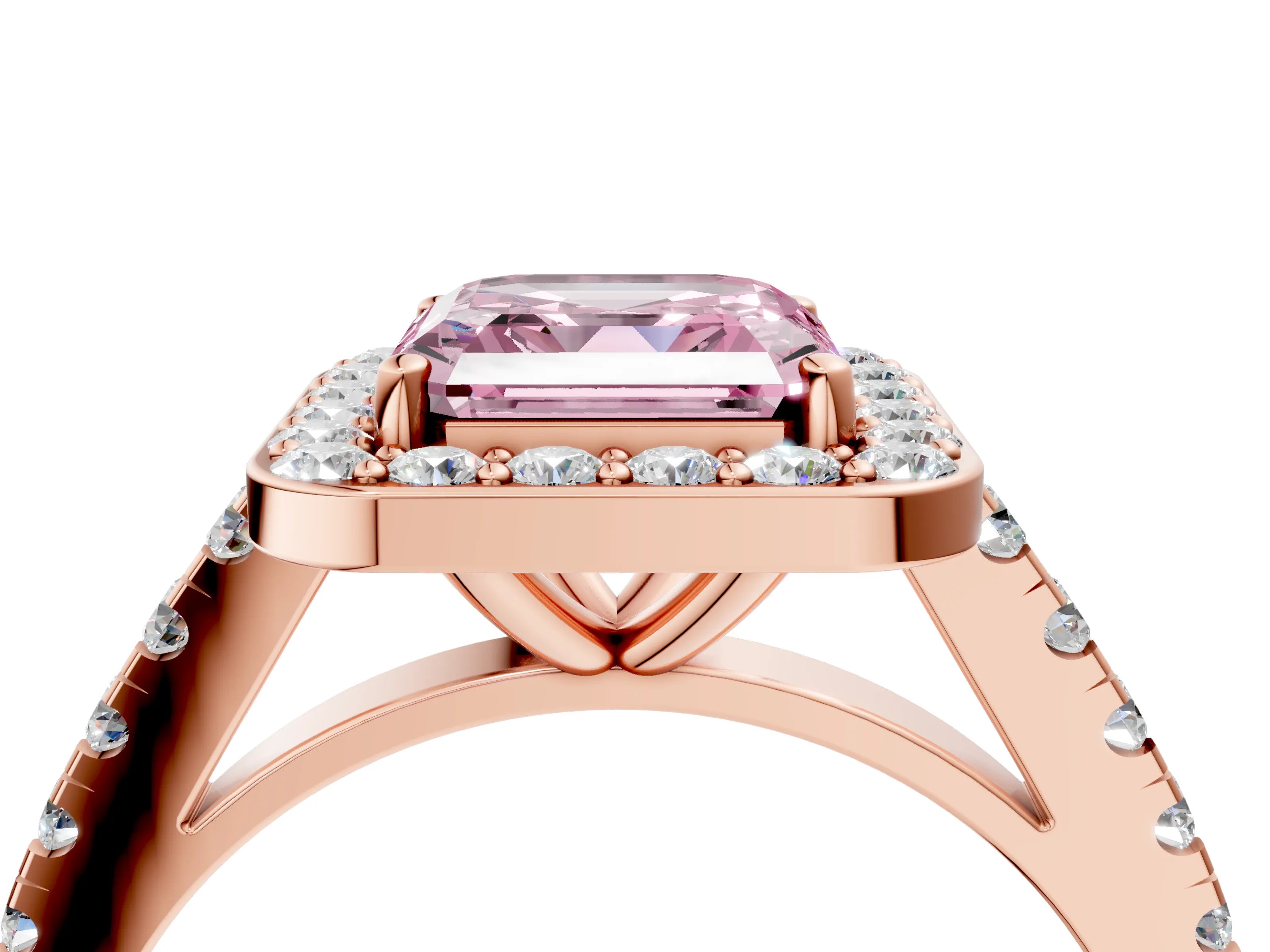 Rose gold Fancy Pink Asscher Cut Halo Diamond Ring with Pavé Band and Three-Prong Setting_4