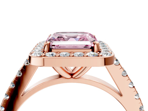 Rose gold Fancy Pink Asscher Cut Halo Diamond Ring with Pavé Band and Three-Prong Setting_4