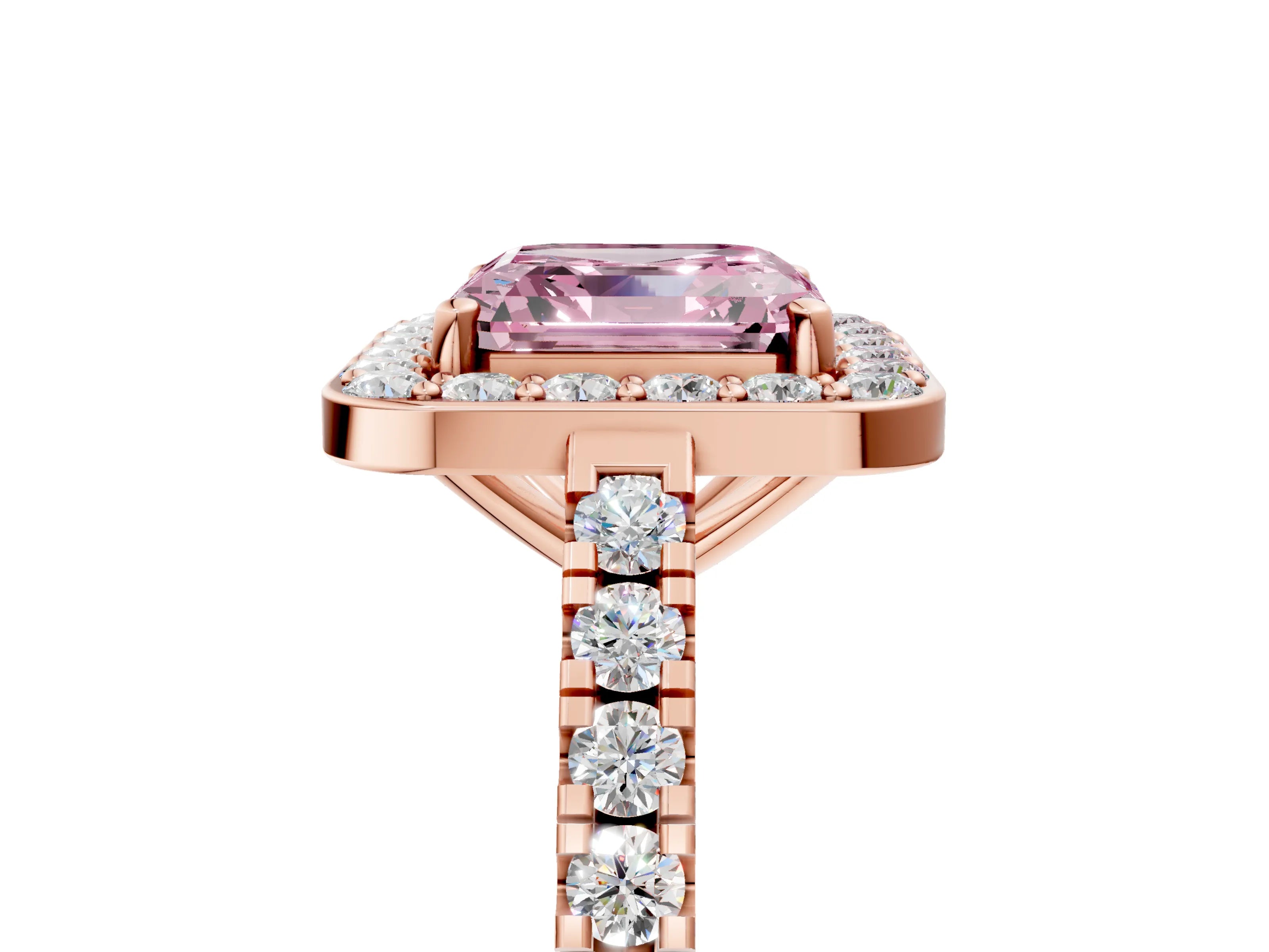 Rose gold Fancy Pink Asscher Cut Halo Diamond Ring with Pavé Band and Three-Prong Setting_5