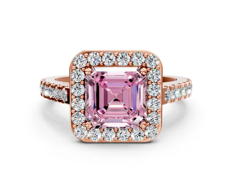 Rose gold Fancy Pink Asscher Cut Halo Diamond Ring with Pavé Band and Three-Prong Setting