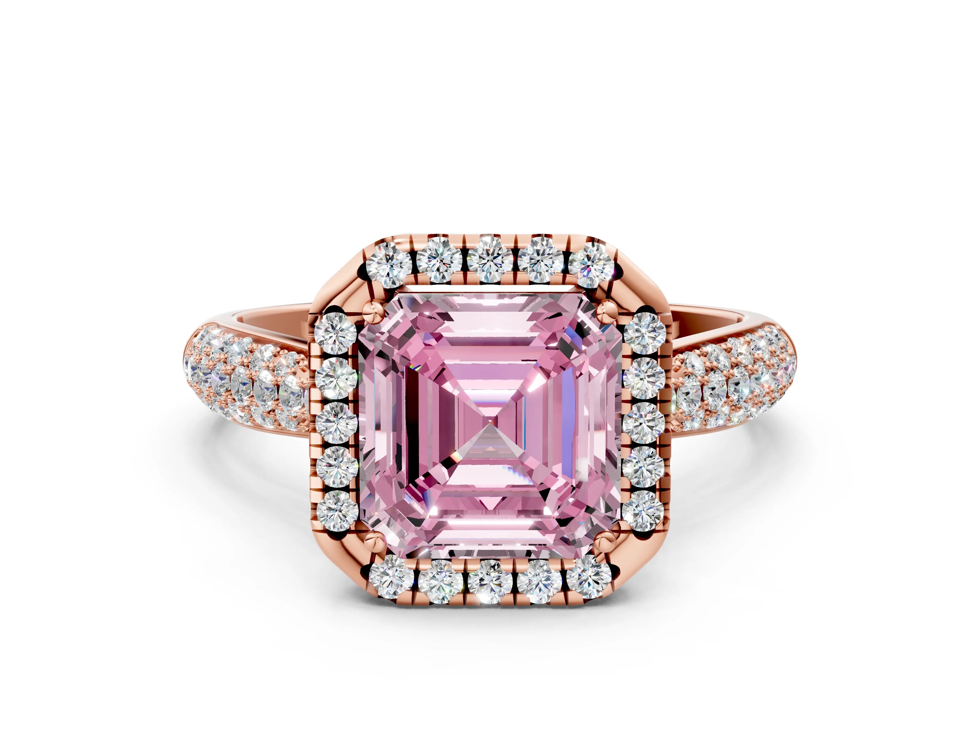 Rose gold Fancy Pink Asscher Cut Halo Diamond Ring with Pavé Band