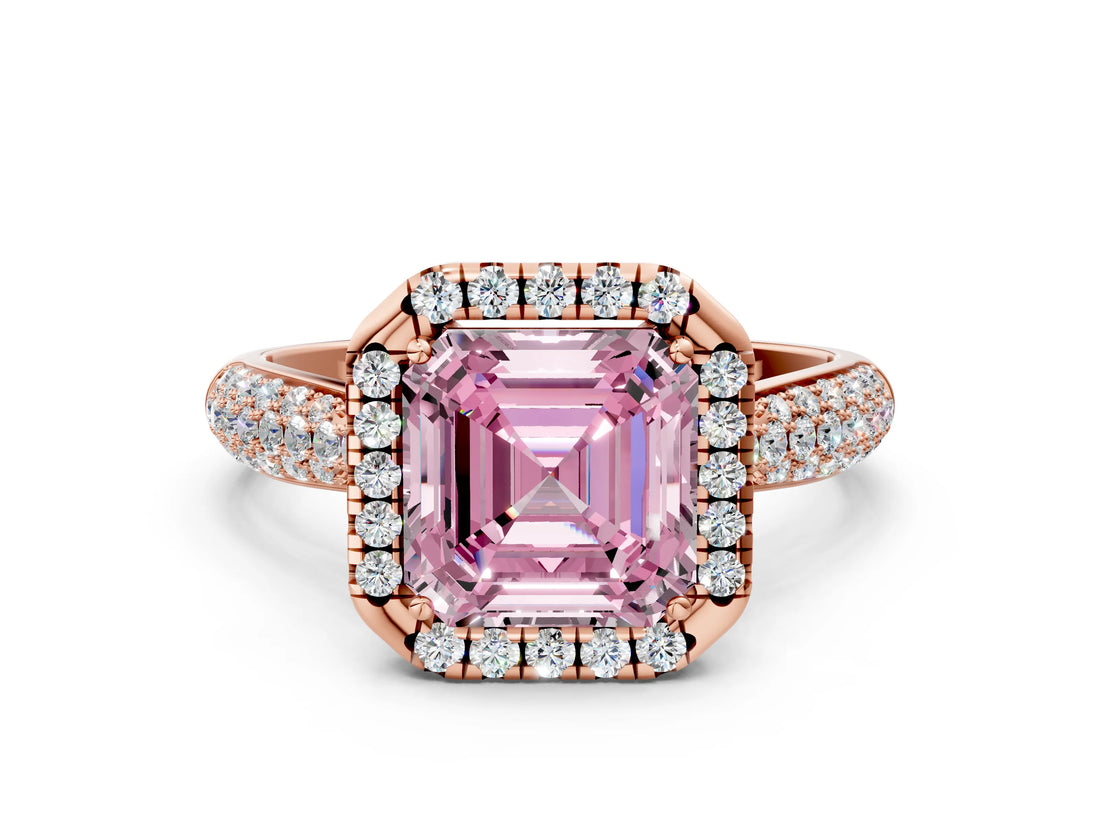 Rose gold Fancy Pink Asscher Cut Halo Diamond Ring with Pavé Band