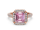Rose gold Fancy Pink Asscher Cut Halo Diamond Ring with Pavé Band