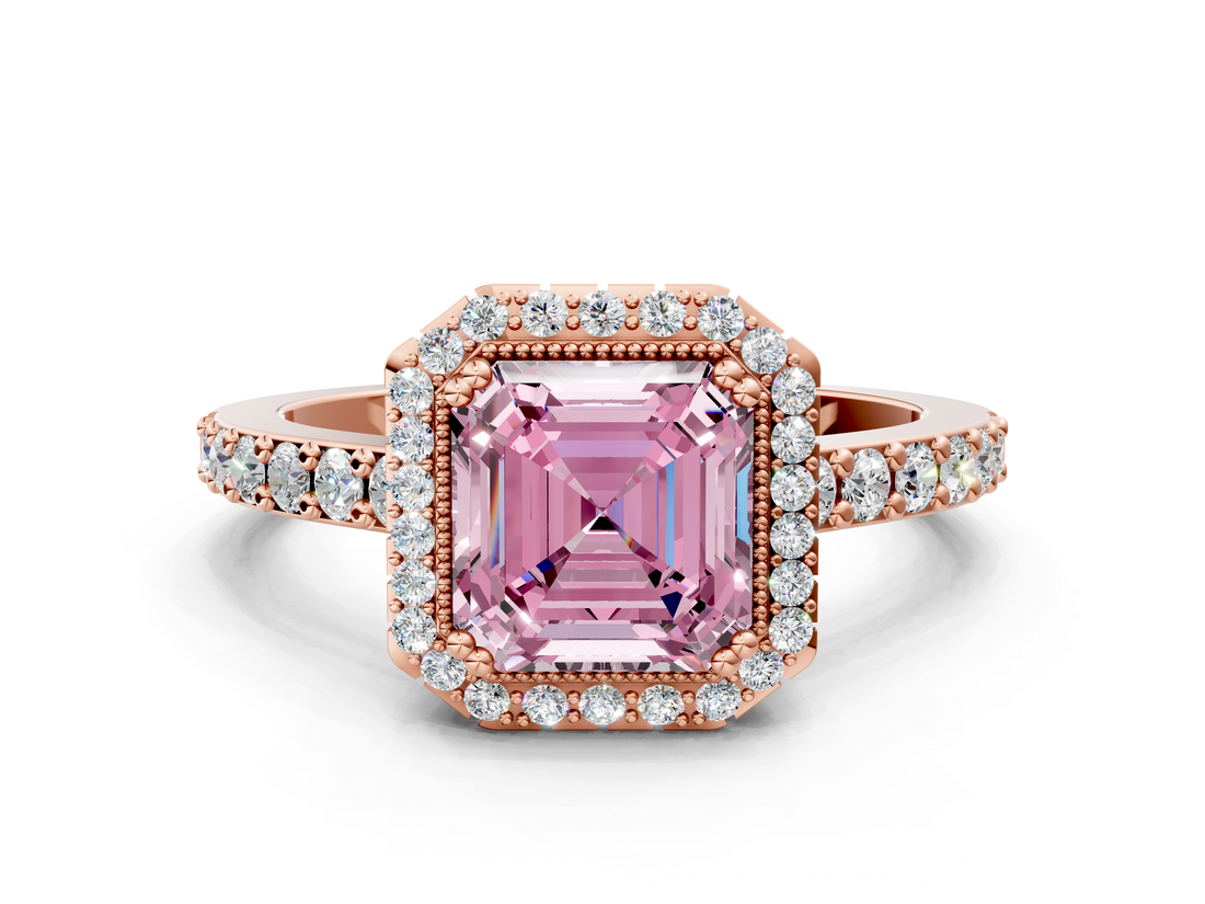 Rose gold Fancy Pink Asscher  Cut Halo Diamond Ring with Pave Band and Four-Prong Setting_17