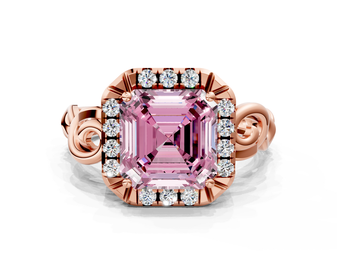 Rose gold Fancy Pink Asscher  Cut Halo Diamond Ring with Scrollwork Band and Four-Prong Setting