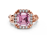 Rose gold Fancy Pink Asscher  Cut Halo Diamond Ring with Scrollwork Band and Four-Prong Setting