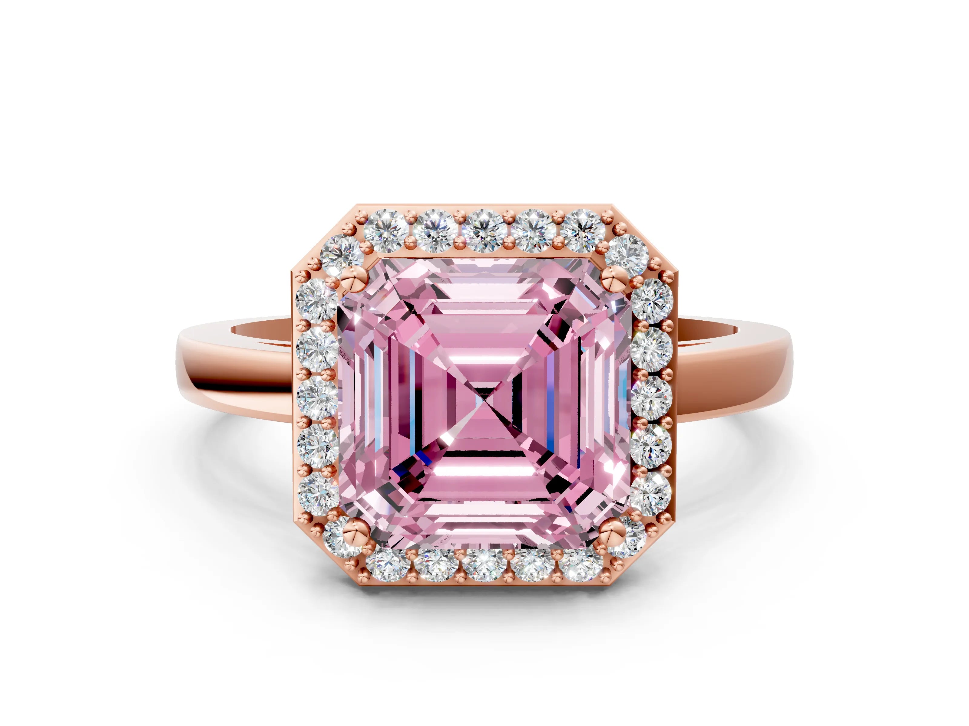 Rose gold Fancy Pink Asscher Cut Halo Diamond Ring with Solitaire Band and Prong Setting