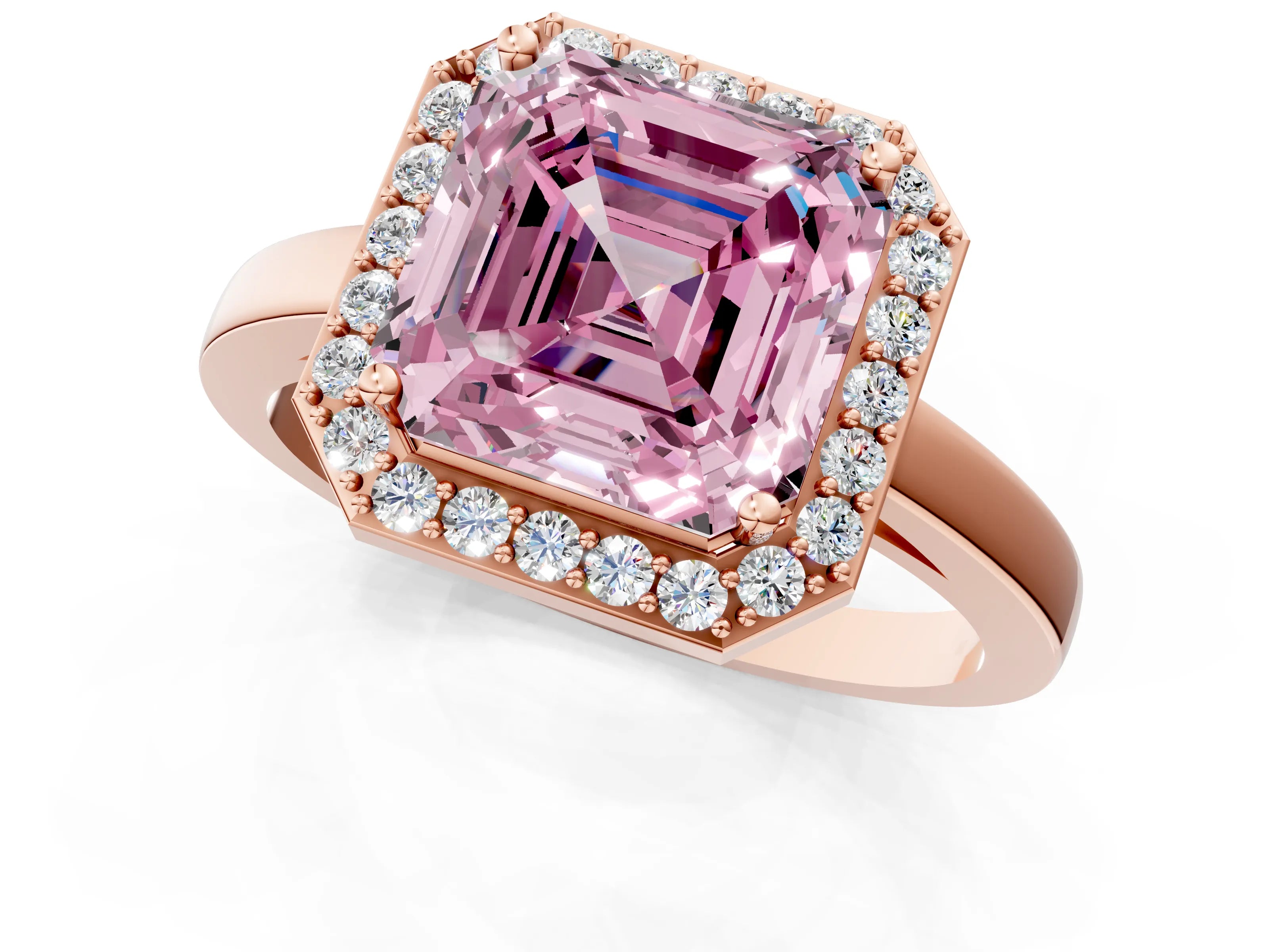Rose gold Fancy Pink Asscher Cut Halo Diamond Ring with Solitaire Band and Prong Setting_1